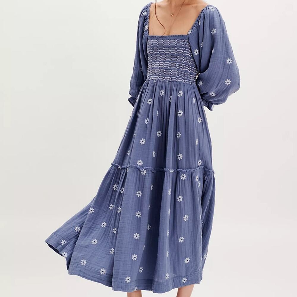 Free people Dahlia smocked top balloon sleeve daisy embroidered tiered dress  M